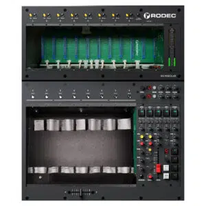 Rodec MX Modular black rackmount mixers stacked, top unit empty, lower unit has modules fitted on right side.