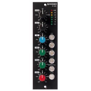 Black Rodec M-501 preamp module with four rotary knobs, silver buttons, and right-side LED meter; rackmount design.