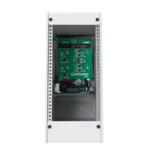 Open white metal Rodec ONE rackmount enclosure with green circuit board and wiring visible inside.