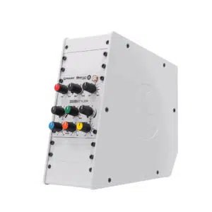 Qodec Sheara MINISTYLER: white desktop unit, slanted panel, 6 color knobs, black switches, circular logo, Rodec ONE style.
