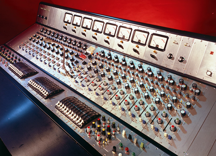 Vintage SSL Revival 4000-style analog console with knobs, switches, meters on red background; ideal for studio recording.