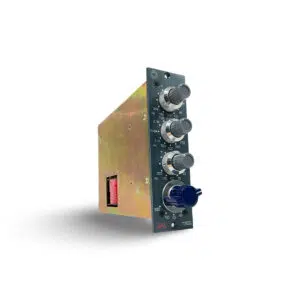 BAE 1073MPL studio preamp with metal casing, dark panel, control knobs, blue switch; angled on white background.