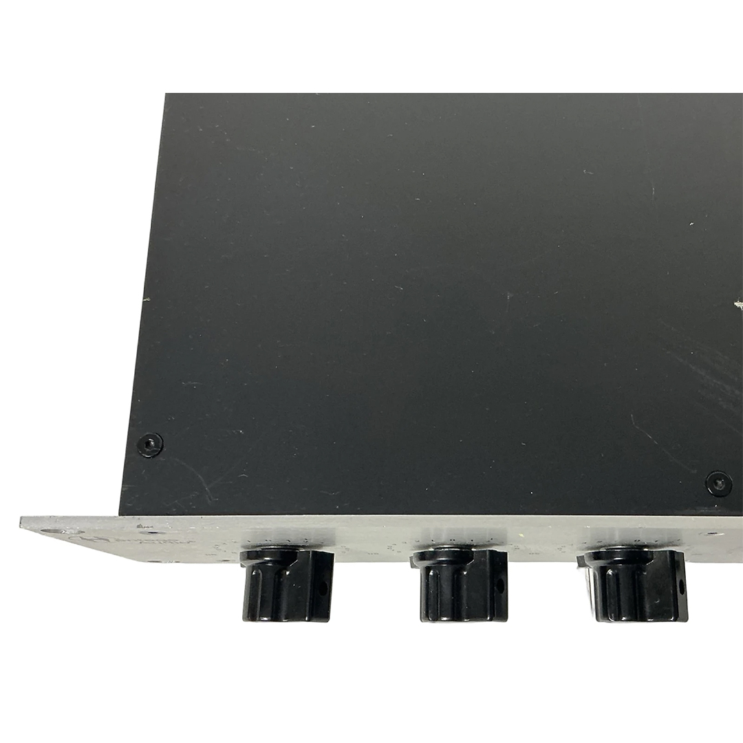 Preowned Heritage Audio Motorcity EQualizer; silver rackmount, three black knobs, partial view on white background.