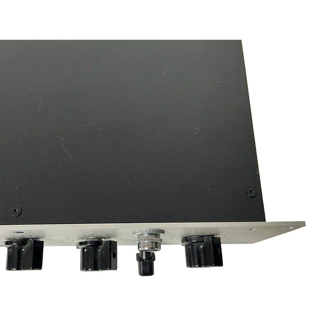 Preowned Heritage Audio Motorcity EQualizer, silver rackmount, 3 black knobs, toggle switch, on white background.