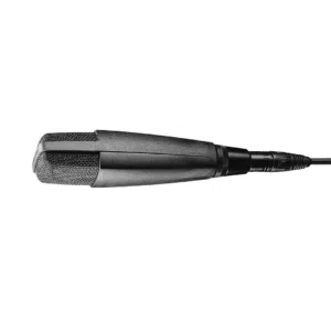 Sennheiser MD 421-II black dynamic mic, rectangular grille, cable attached, horizontal on plain white background.