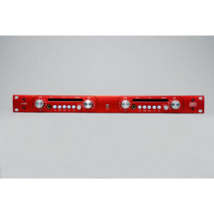 Red Audient ASP800 2-channel rackmount mic preamp with large knobs, multiple buttons, and digital displays on gray background.