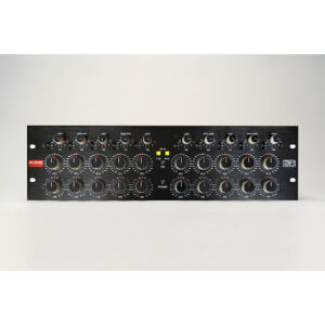 Z&H Designs ME-250DX black rackmount stereo EQ with dials, labeled knobs, and two centered yellow LED lights.