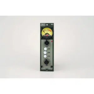 AML V12 500 Series Preamp module, vertical with yellow VU meter, black/white knobs, on white background.