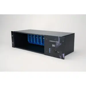 Z&H Designs VC500VPR black rackmount 500 Series Power Rack, open front, blue circuit board slots, right display panel.