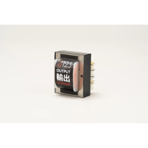 Z&H Designs Z-123 Output Transformer, black/silver/red, OUTPUT label with Japanese text, metal pins on one side, white background.