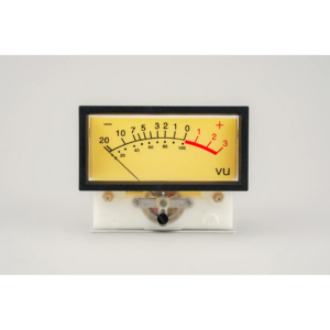 Z&H Designs 1178 analog VU meter with yellow face, black frame, and red-marked needle from -20 to +3 audio levels.