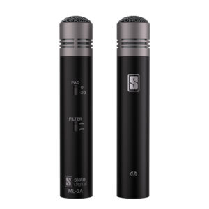 Slate Digital VMS ML-2A black modeling microphones with metal grilles, switches for PAD/FILTER, and logo clearly visible.