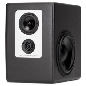 Barefoot Footprint studio monitor with white front, two circular drivers, BAREFOOT logo, and large right-side speaker.