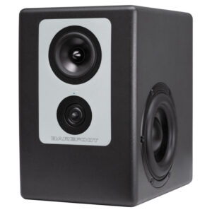 Barefoot Footprint02 black/gray studio monitor with dual drivers, circular tweeter, side speaker, and front logo.