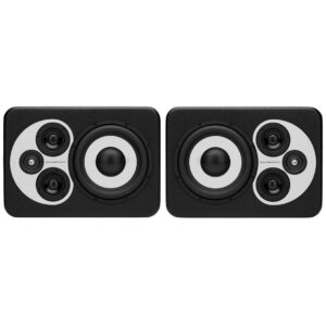 Barefoot MicroMain45 black studio monitors with white/black grilles and large woofers side by side on white background.