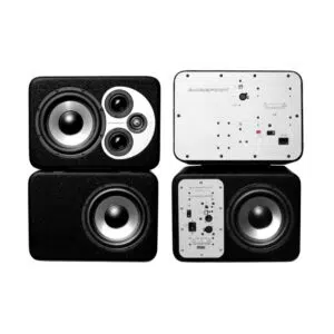 Barefoot studio monitors, black/silver, two front-facing (multi-driver), two rear (ports/controls), perfect for pro studios.