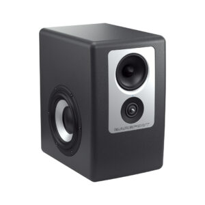 Barefoot Sound Footprint02 Gen2 black/silver studio monitor with front tweeter, midrange, and side woofer on white background.