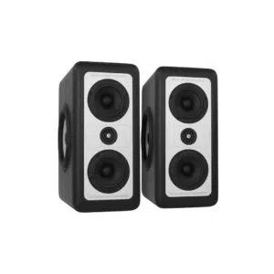 Barefoot MicroMain27 Gen2 studio monitors, black and white, dual woofers, central tweeter, side by side on white.