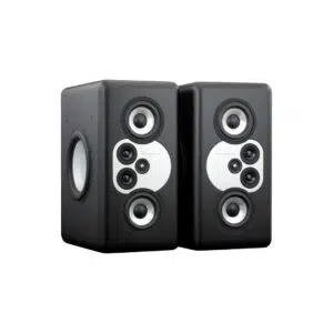 Barefoot MiniMain12 black studio monitors, rectangular with multiple drivers, side by side on a white background.