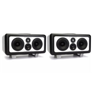 Barefoot MicroMain26 studio monitors with silver stands, three drivers, and central tweeter on white background.