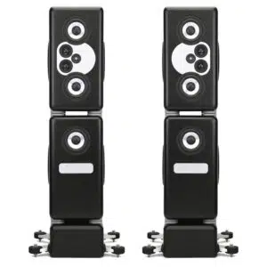 Barefoot MasterStack12 black speakers with multiple drivers and wide bases, placed side by side for professional studios.