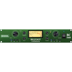 Burl BC5000 BIGFOOT green optical compressor rack unit with knobs, switches, and central analog VU meter for audio levels.