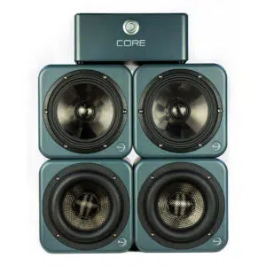 Ex Machina CORE: four square speakers, two open-cone and two mesh-woofer, stacked with CORE device on top.