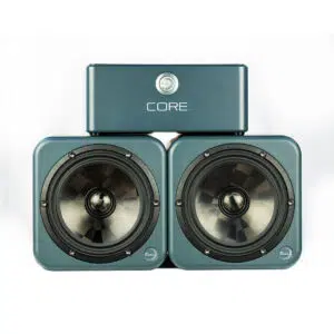 Ex Machina Selene speakers, square design, side by side with CORE audio device on top; modern look, white backdrop.
