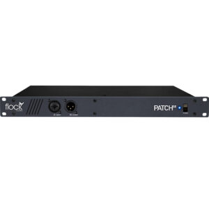Flock Audio PATCH se 48-Channel Patchbay, black 1U rackmount with power button, XLR/1/4" ports, and ventilation slots.