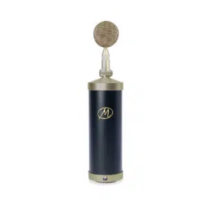 Black and gold vintage condenser mic with K67 capsule, gold mesh grille, and M logo stands upright on white background.