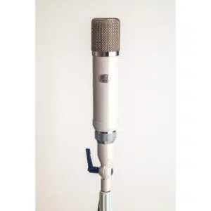 Silver XL Tube Condenser microphone on stand, upright, vintage styling, against a plain white background.