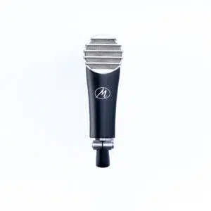 Monheim M-series microphone with silver mesh grille and M logo, centered on a white background, modern design.