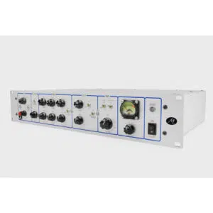 Monheim Channel Strip rackmount: white unit, black knobs, analog meter, switches, and silver “M” logo on right panel.