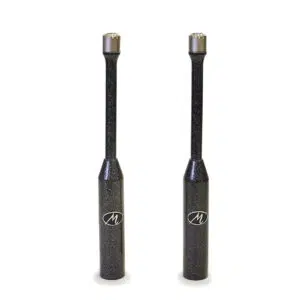 Monheim Omni SPL matched pair: black, cylindrical studio microphones with metallic tops and white M logo, on white background.