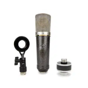 Monheim FET large-diaphragm condenser mic stands upright with shock mount and circular adapter on a white background.
