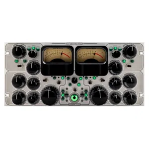 Providence Edition Shadow Hills Mastering Compressor, black rackmount with dials, green LEDs, VU meters; white background.