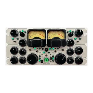 Shadow Hills-style rackmount compressor with black knobs, green LEDs, and twin VU meters on a metallic control panel.