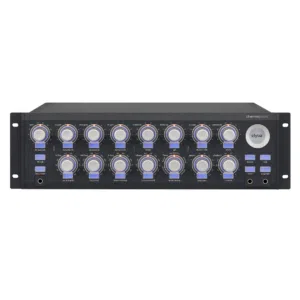 Elysia channex rackmount channel strip, black, silver knobs, blue LEDs, labeled dials, round Elysia logo on right.