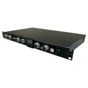 Preowned EQ4-S black rackmount audio equalizer, silver knobs, switches; angled view on white background.