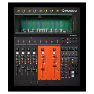 Rodec MX Modular black and orange audio mixer, rackmount, with sliders, buttons, knobs, and open top slot showing circuits.
