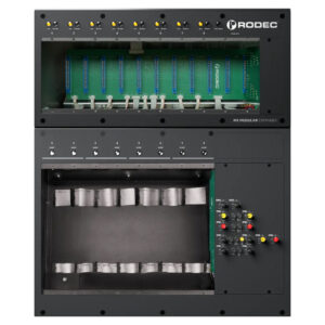Rodec MX modular audio mixer chassis with two empty panels, green circuit boards, connectors, and colorful right-side controls.