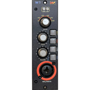 Wolff Audio W1 Console ST preamp with Gain, Trim, Fader knobs, gray buttons, and XLR/quarter-inch MIC/INSTR input panel.