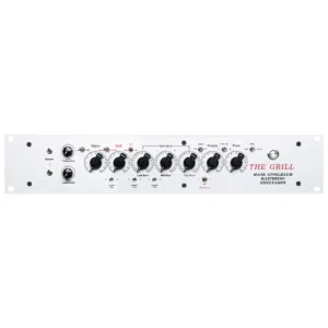 Hendy Amps THE GRILL: white rackmount audio panel with black knobs, switches, and buttons for precise sound control.
