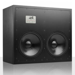 ATC SCS240iW black subwoofer with two large side-by-side woofers, metal ID plate above, on a white background.