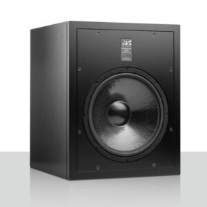 Black rectangular active subwoofer with 15-inch front driver, sleek design, set on a white background. Brand/model not visible.