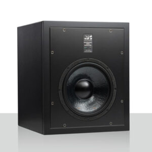 Black ATC SCS70iW Active Subwoofer with round woofer, top label, on white reflective surface.