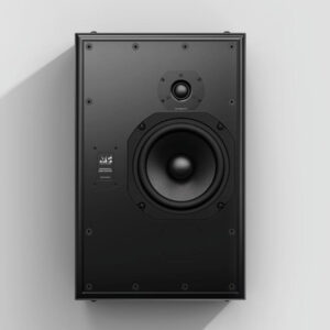 ATC SSM12i black studio monitor, rectangular with woofer and tweeter, wall-mounted on a light gray background.