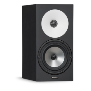 Amphion One18X black passive nearfield monitor with silver woofer, white tweeter panel, and amphion logo at the bottom front.