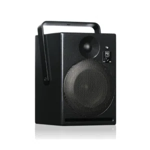 PSI Audio A14-M Broadcast speaker in black, rectangular, with grille, tweeter, knobs, and handle on white background.