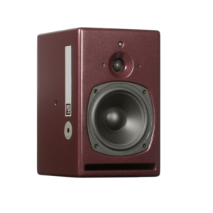 PSI Audio A17-M maroon studio monitor with circular woofer, tweeter, and horizontal bass port on a white background.